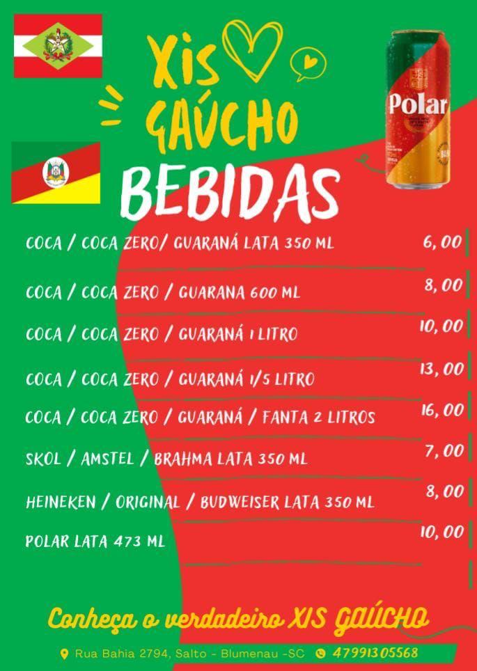 Cardápio de bebidas: refrigerantes Coca-Cola, Guaraná e Fanta, cervejas Skol, Amstel, Brahma, Heineken, Budweiser e Polar, com preços